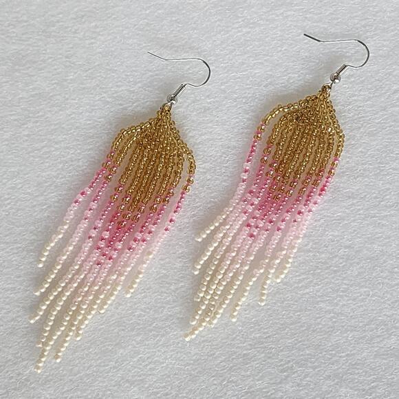 Pink White Gold Ombre Beaded Earrings - Picture 3 of 4